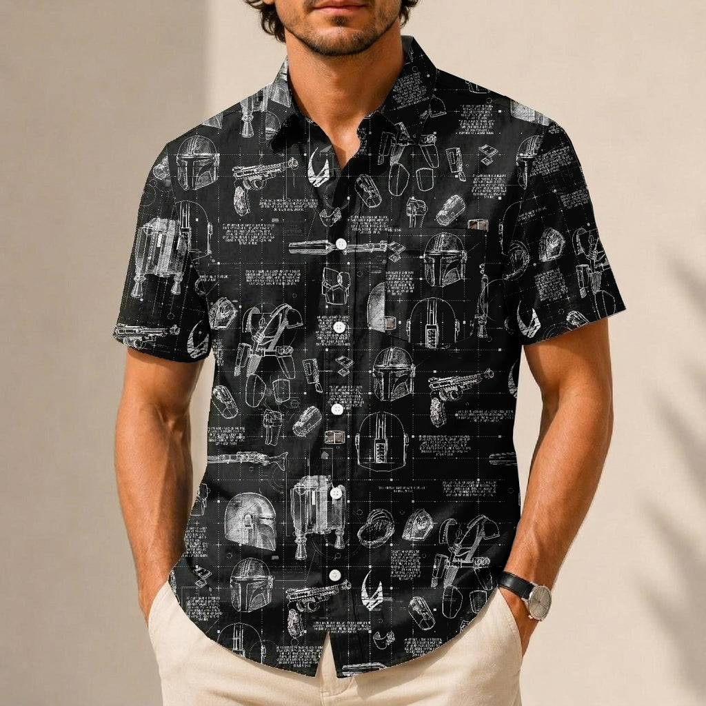 Mando Equipment Blueprint Hawaiian Shirt with Pocket - Galactic Schematic Button Down Shirt