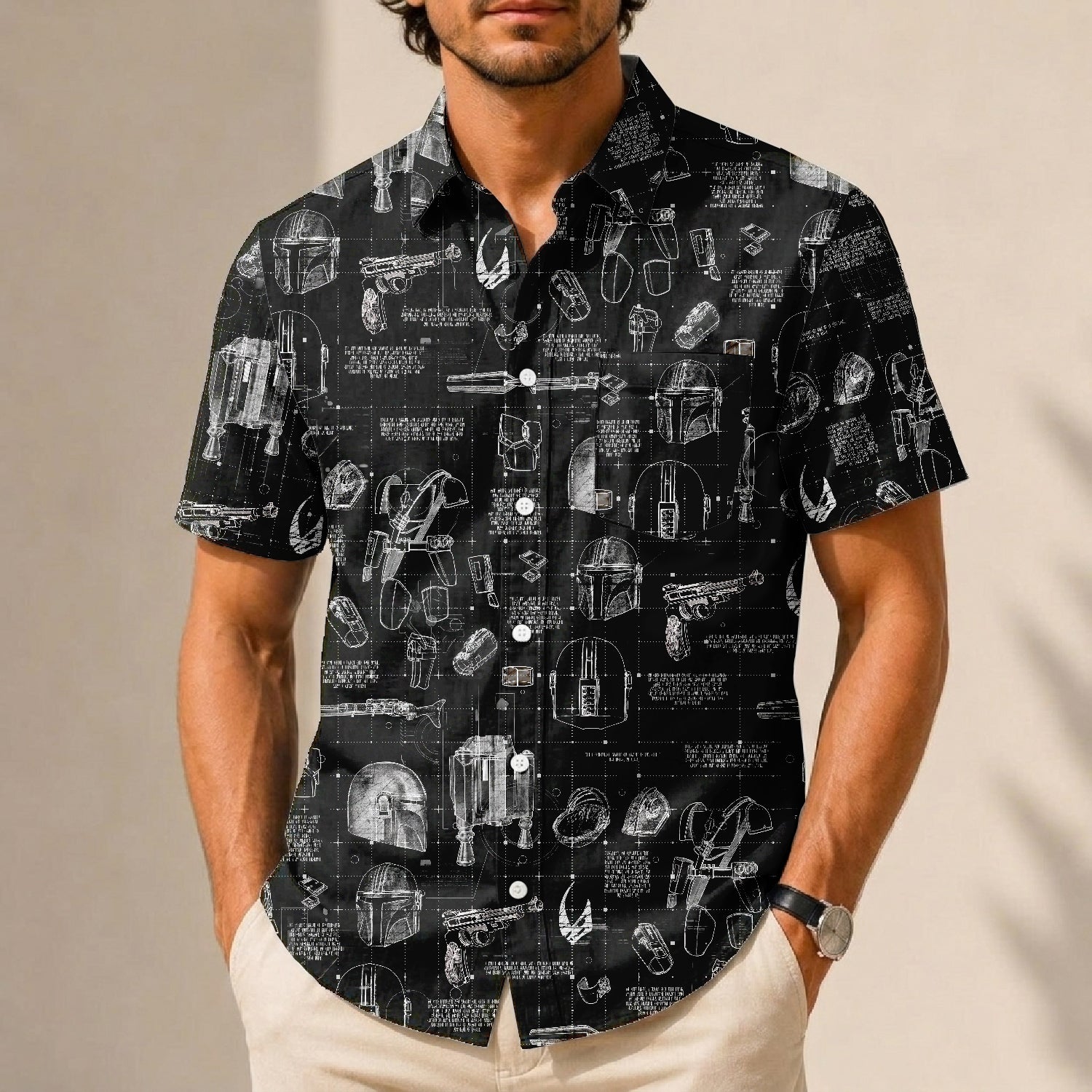 Mando Equipment Blueprint Hawaiian Shirt with Pocket - Galactic Schematic Button Down Shirt