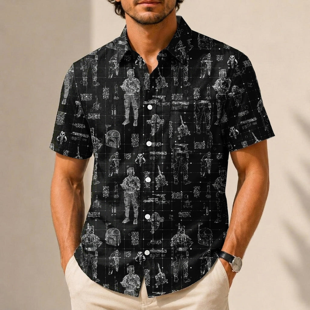 Boba Fett Equipment Blueprint Hawaiian Shirt with Pocket - Galactic Schematic Button Down Shirt