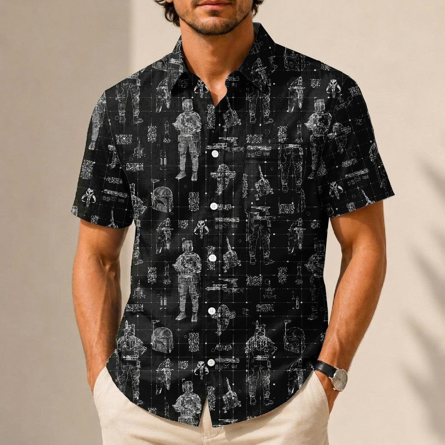 Boba Fett Equipment Blueprint Hawaiian Shirt with Pocket - Galactic Schematic Button Down Shirt