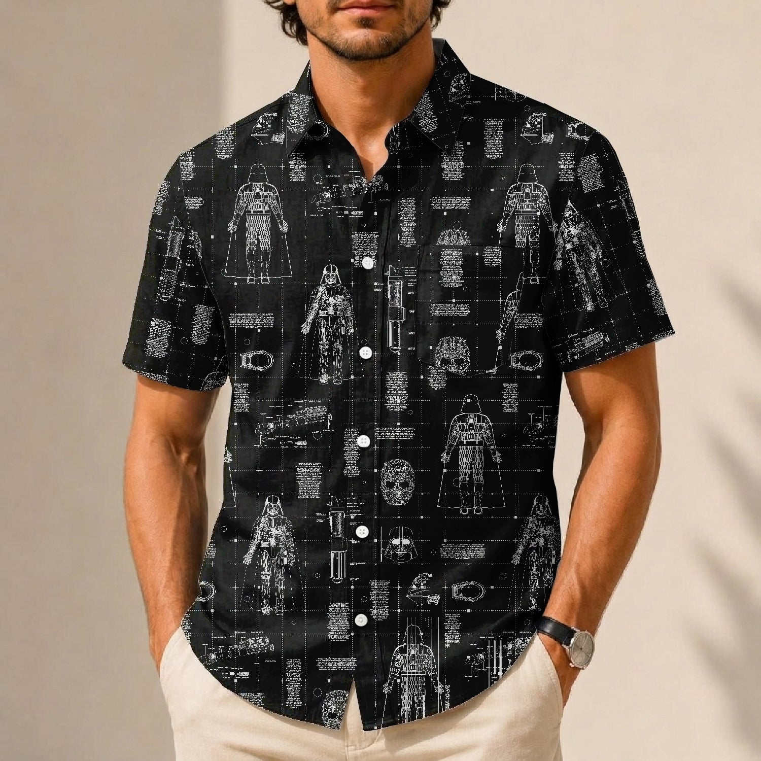 Darth Vader's Equipment Blueprint Hawaiian Shirt with Pocket - Galactic Schematic Button Down Shirt