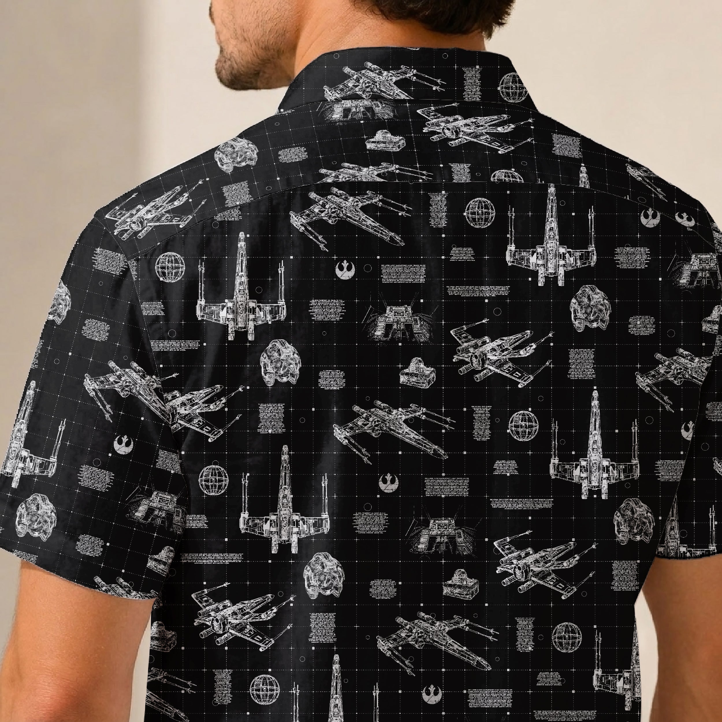 T-65B X-Wing Starfighter Blueprint Hawaiian Shirt with Pocket - Star Wars Schematic Button Down Shirt