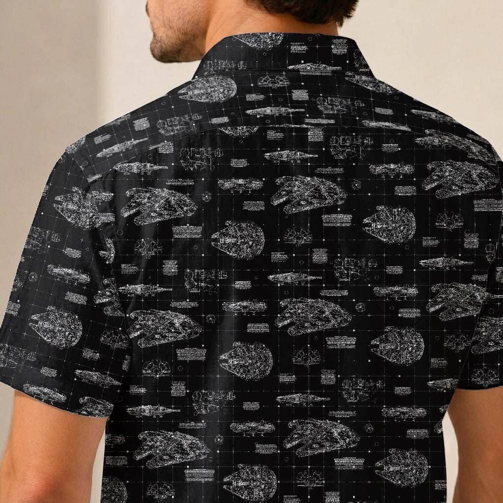 Millennium Falcon Blueprint Hawaiian Shirt with Pocket - Star Wars Schematic Button Down Shirt