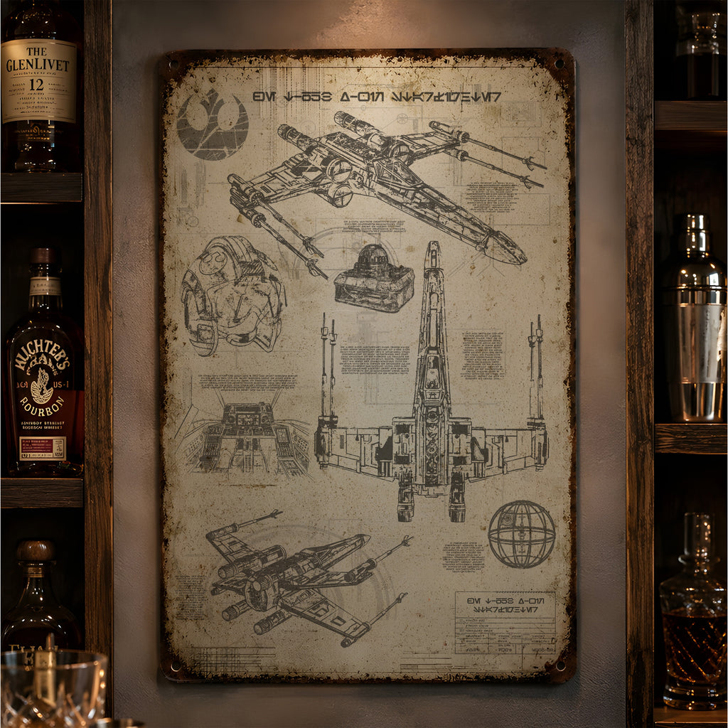T-65B X-Wing Starfighter Blueprint Vintage Metal Sign - Vintage Home Decor Gifts for Fans