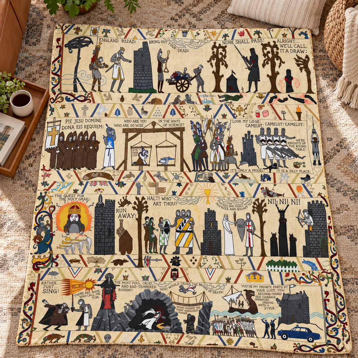 Monty Python And The Holy Grail Bayeux Tapestry Blanket - Classic Comedy Movie Sherpa Blanket Gift for Fans