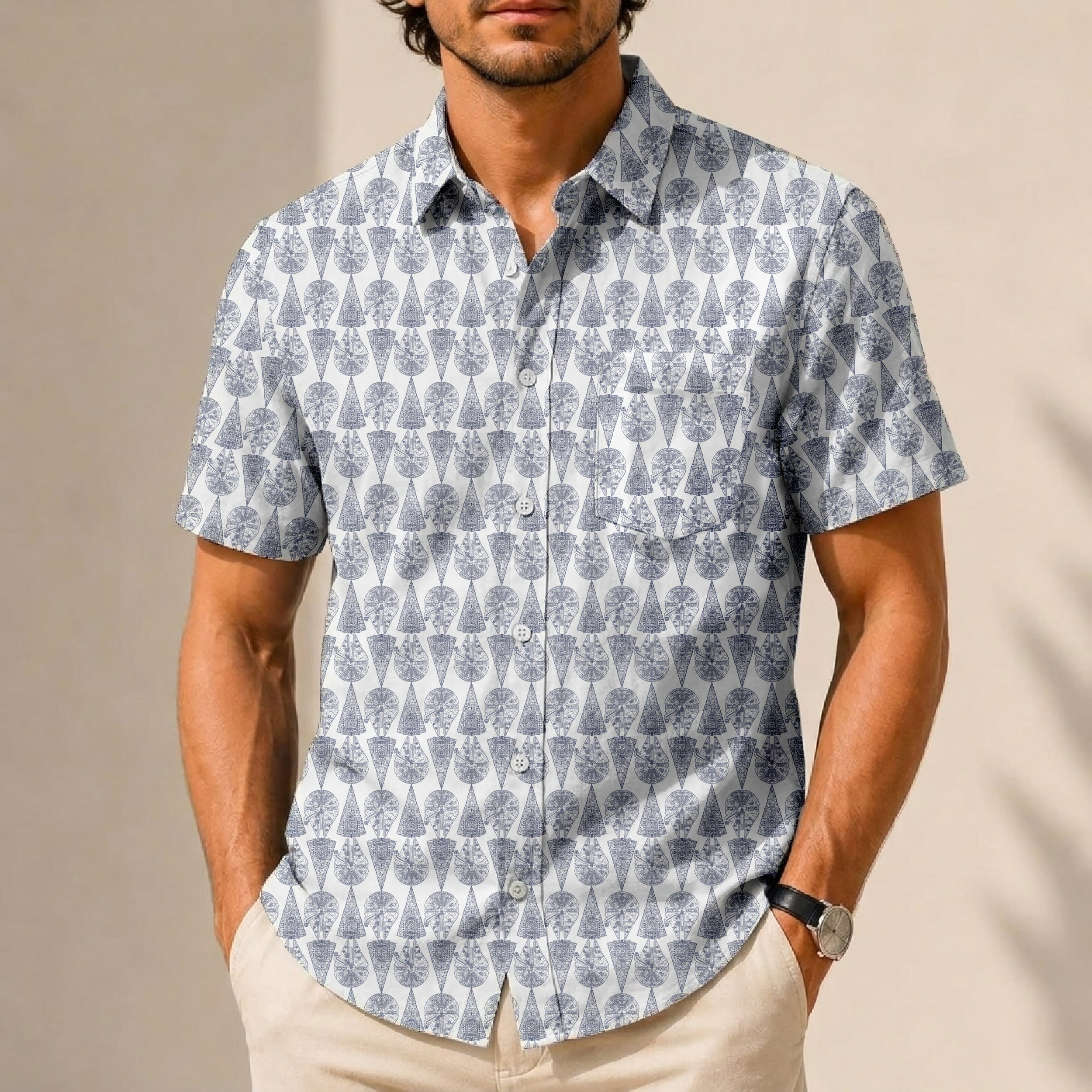 Millennium Falcon & Star Destroyer Pattern Hawaiian Shirt with Pocket - Galactic Button Down Shirt