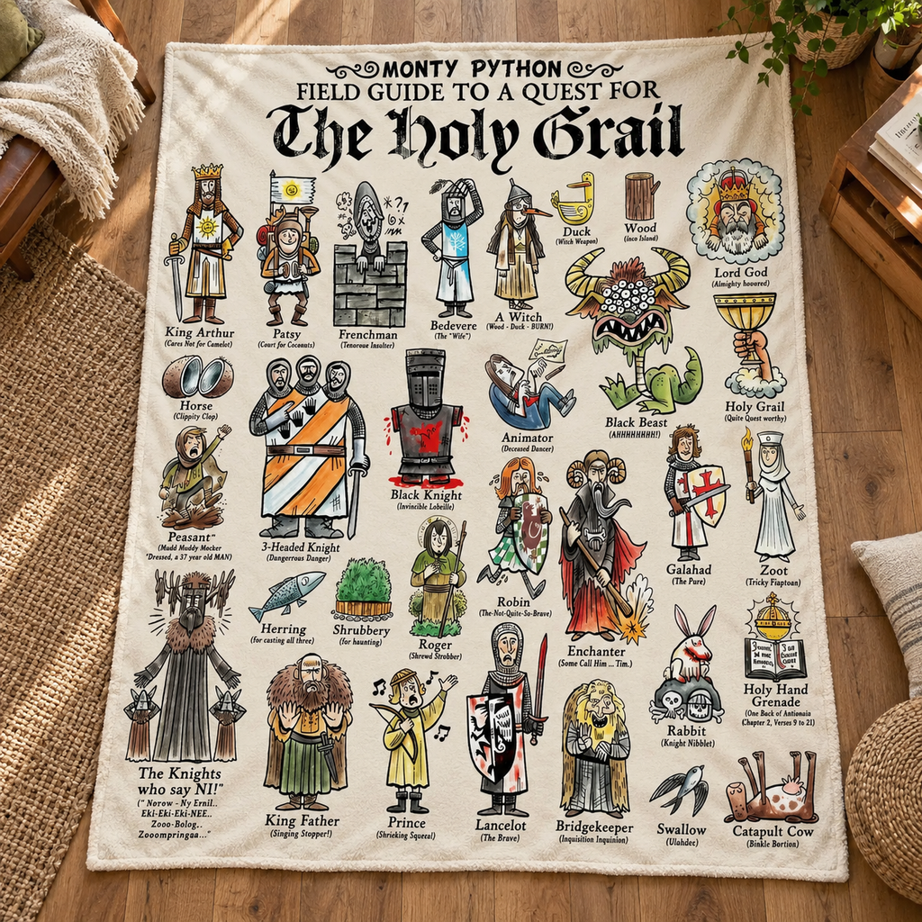 Monty Python And The Holy Grail Characters Art Blanket - Classic Comedy Movie Sherpa Blanket Gift for Fans