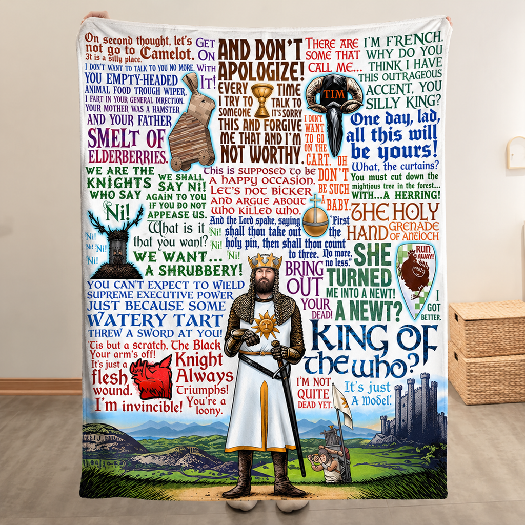 Monty Python And The Holy Grail - King of the Who? Christmas Blanket - British Comedy Movie Sherpa Blanket Gift for Fans
