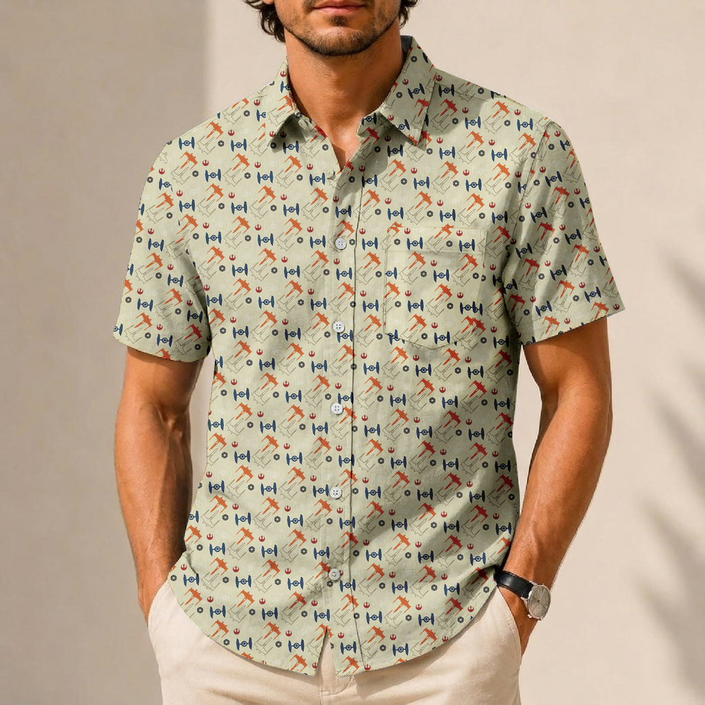 X-Wing Starfighter & TIE Fighter Logo Pattern Hawaiian Shirt with Pocket - Galactic Button Down Shirt