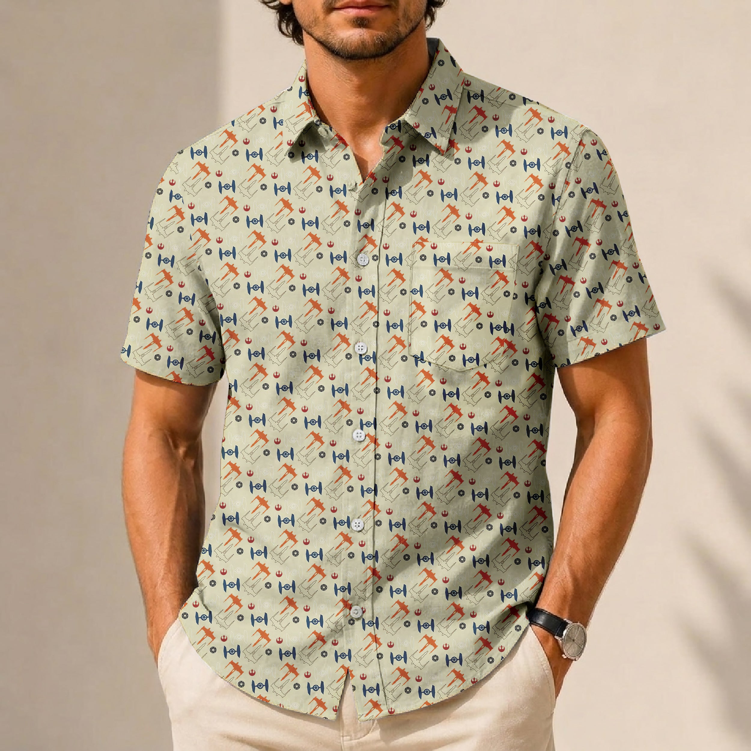 X-Wing Starfighter & TIE Fighter Logo Pattern Hawaiian Shirt with Pocket - Galactic Button Down Shirt