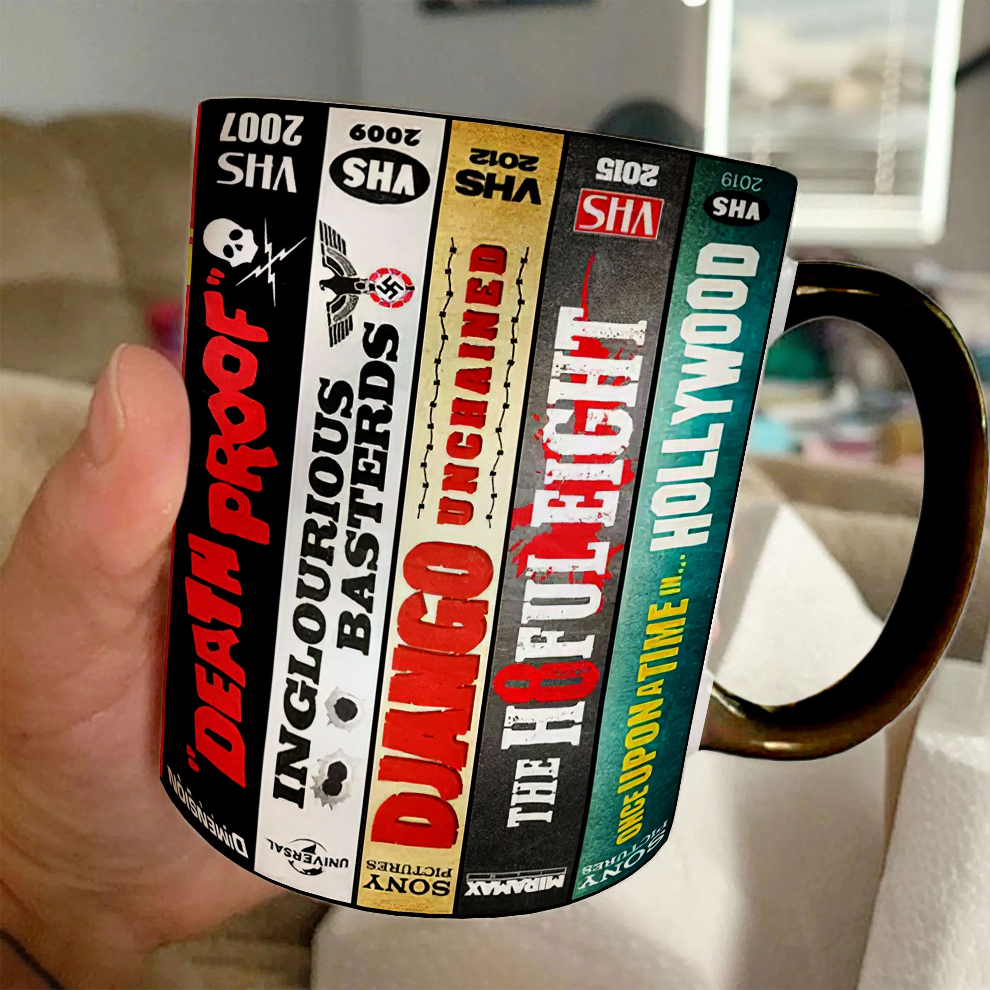 Quentin Movies VHS Collection Accent Mug - VHS Movies Collection Edge-to-Edge Printed Two-Tone Mug