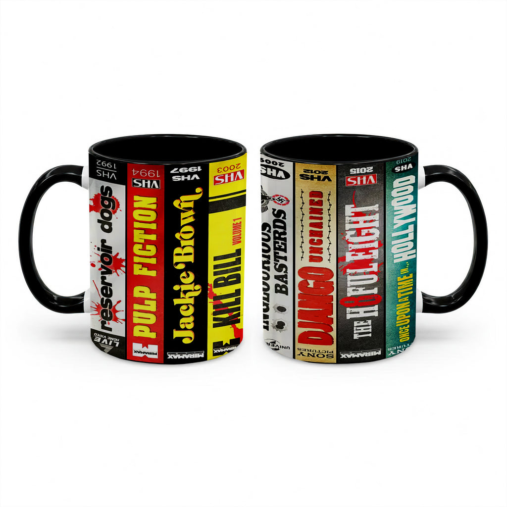 Quentin Movies VHS Collection Accent Mug - VHS Movies Collection Edge-to-Edge Printed Two-Tone Mug