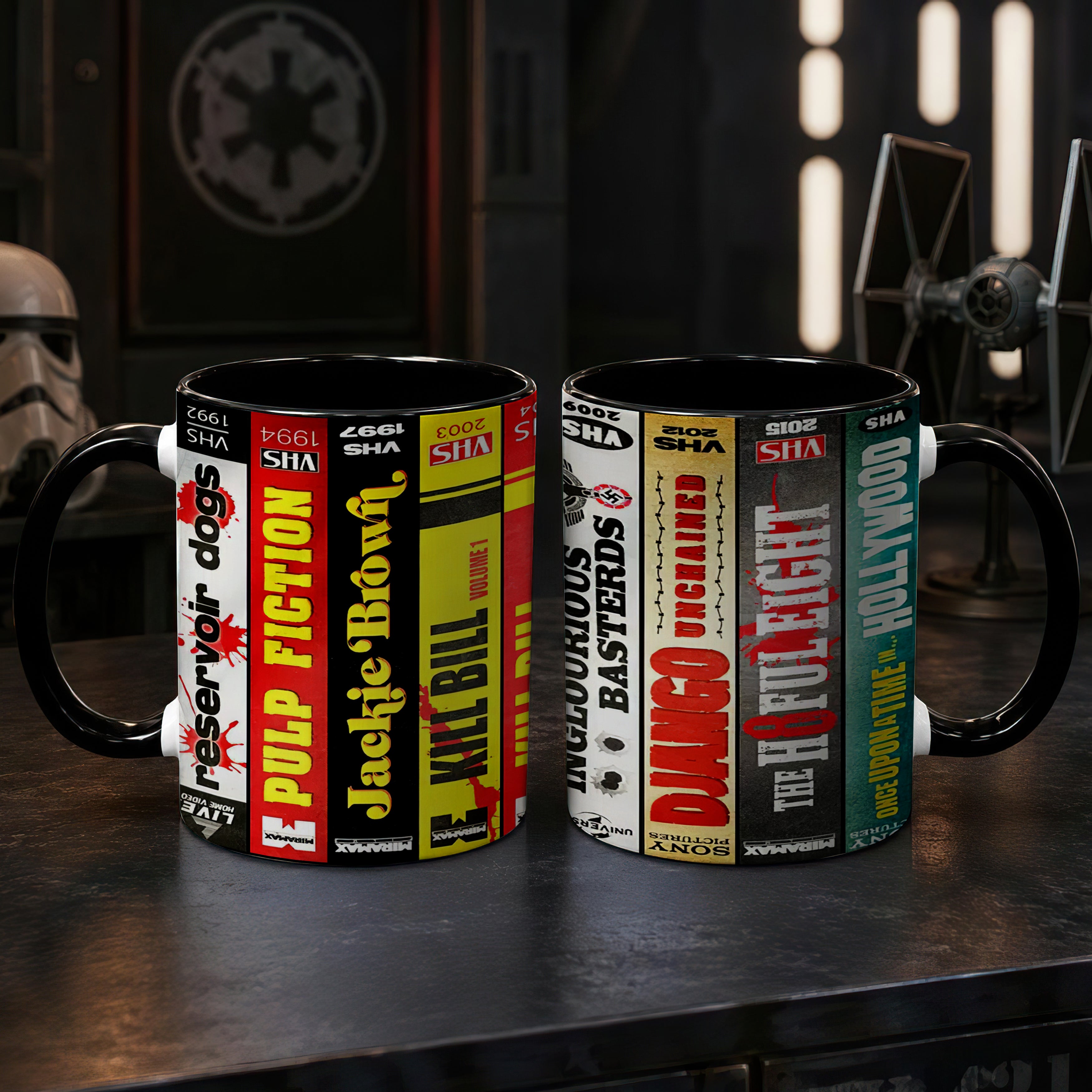 Quentin Movies VHS Collection Accent Mug - VHS Movies Collection Edge-to-Edge Printed Two-Tone Mug