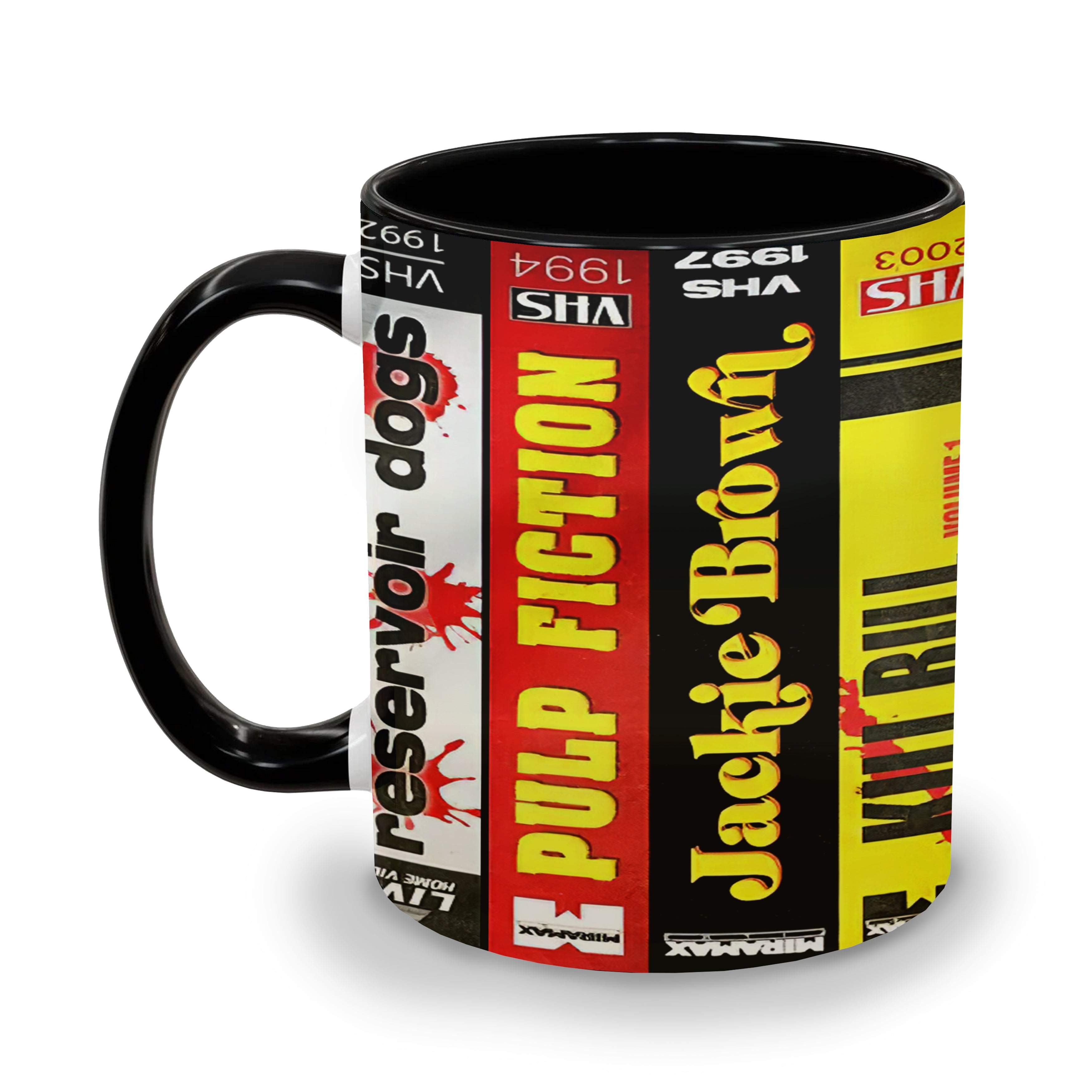 Quentin Movies VHS Collection Accent Mug - VHS Movies Collection Edge-to-Edge Printed Two-Tone Mug