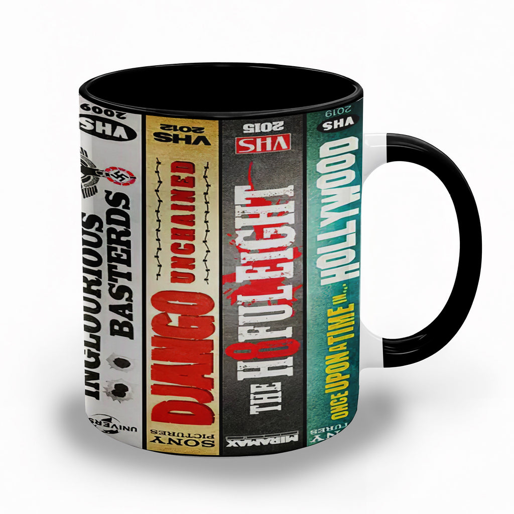 Quentin Movies VHS Collection Accent Mug - VHS Movies Collection Edge-to-Edge Printed Two-Tone Mug