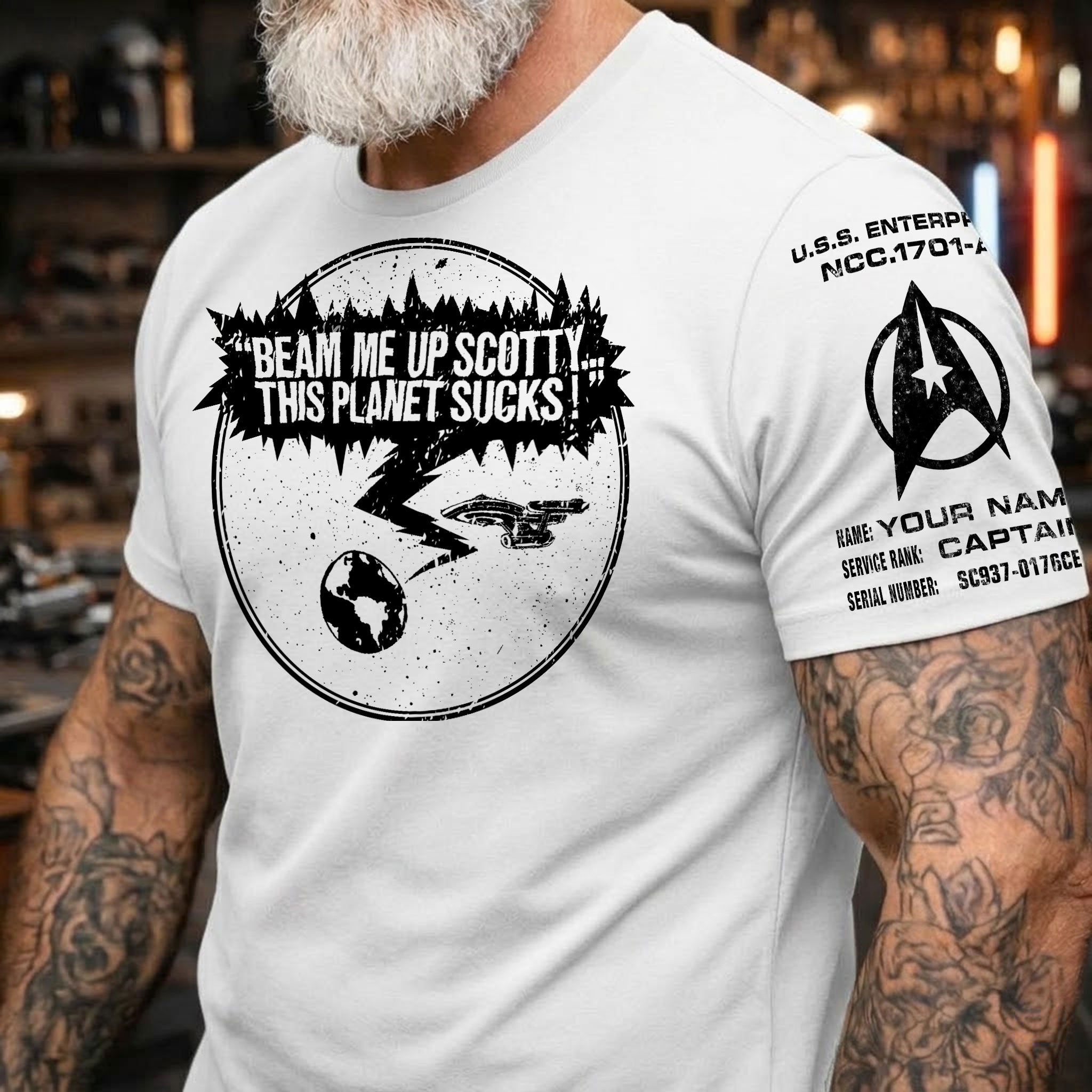 Custom Name Beam Me Up Scotty This Planet Sucks Sleeve Printed Shirt - Personalized Shirt and Sleeve