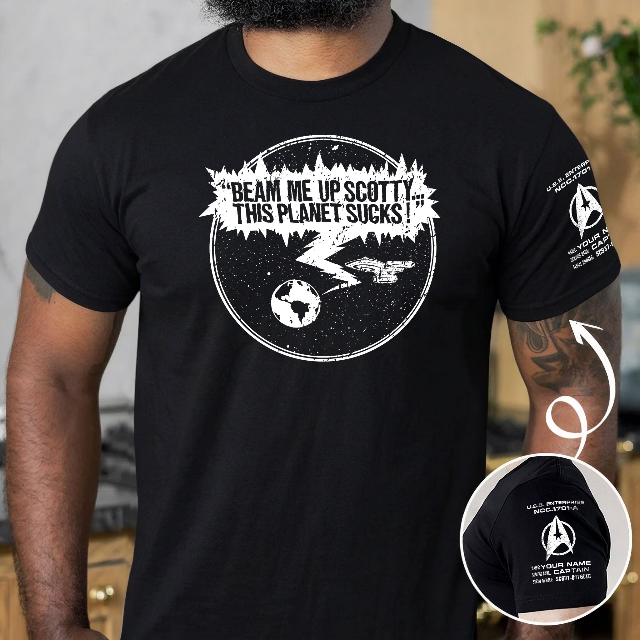 Custom Name Beam Me Up Scotty This Planet Sucks Sleeve Printed Shirt - Personalized Shirt and Sleeve