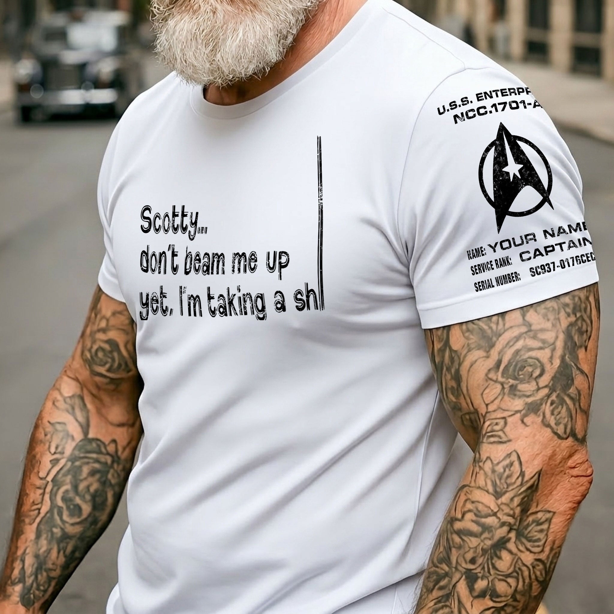 Custom Name Scotty, Don't Beam Me Up Yet I'm Taking A Sh* Sleeve Printed Shirt - Funny Shirt for Sci-fi Fans