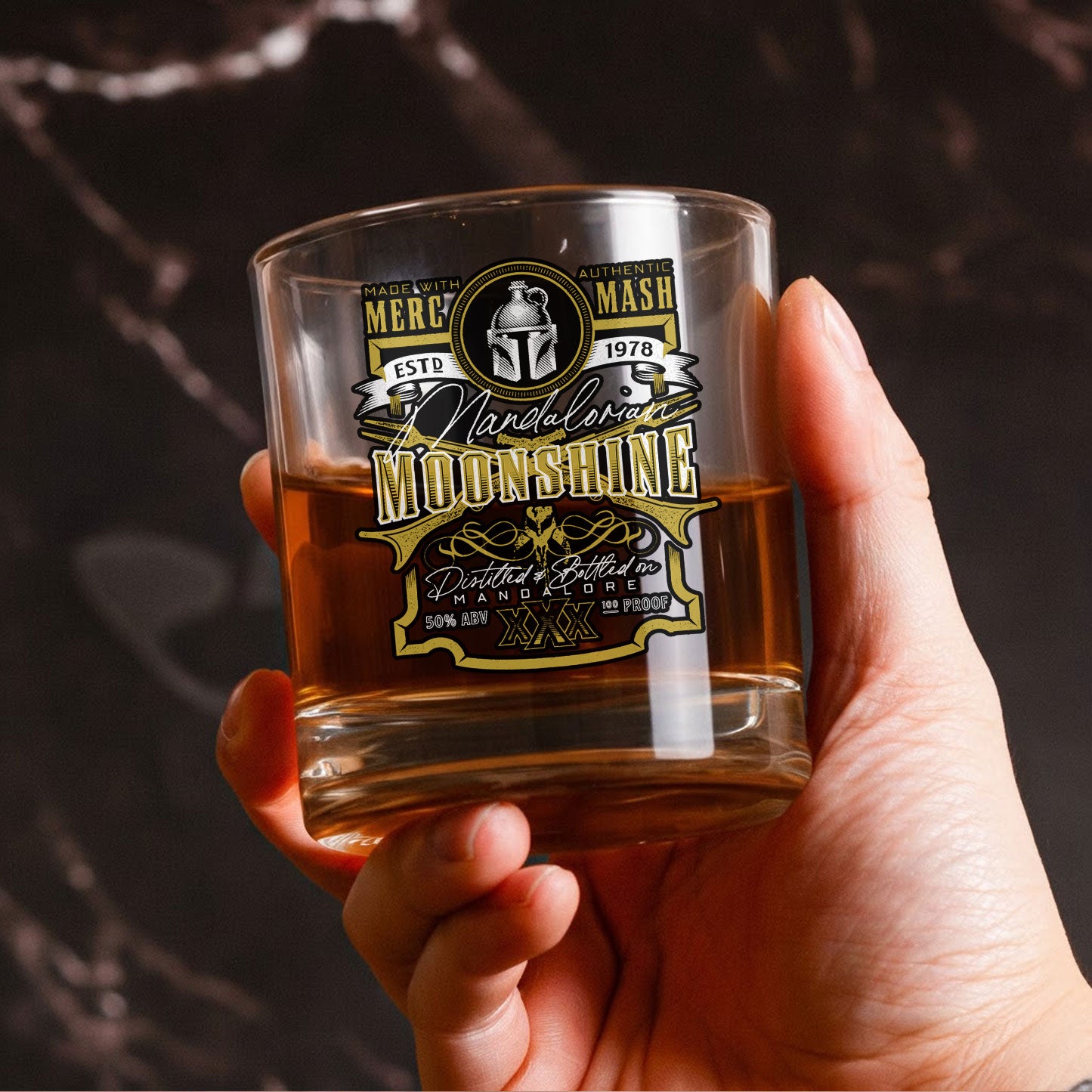 Mandalorian Moonshine Whiskey Glass - Personalized Old Fashioned 11OZ Scotch Glass