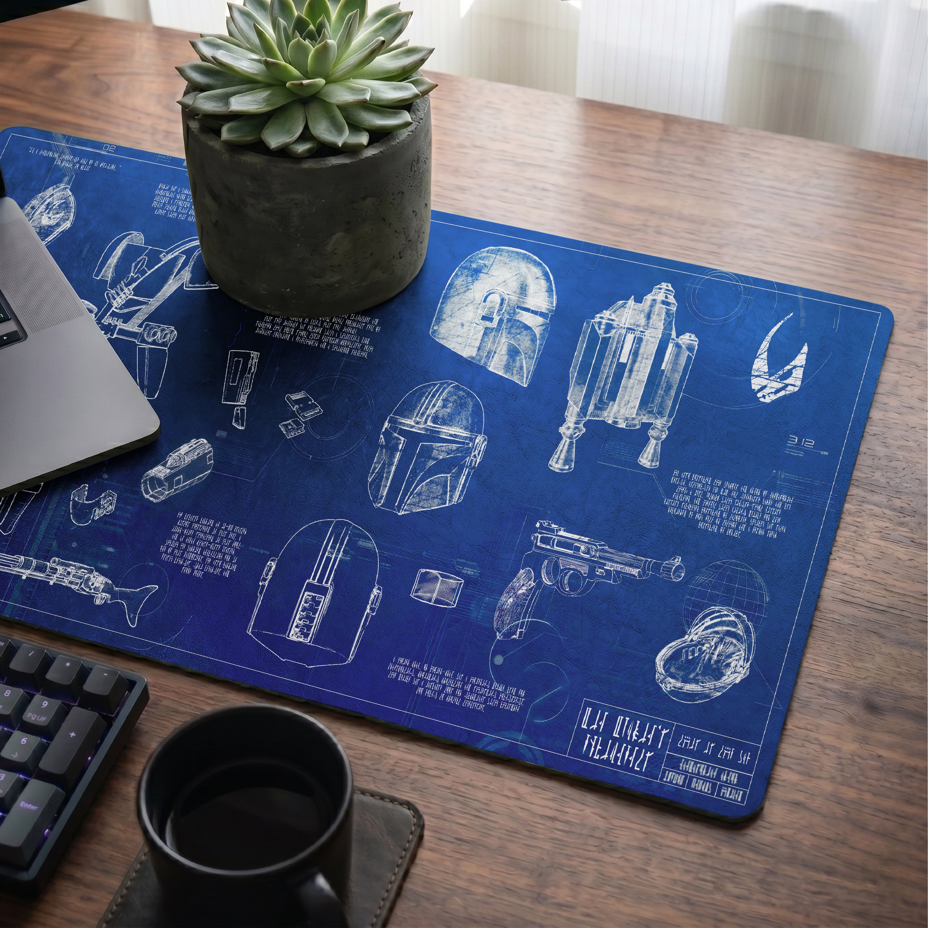 Mandalorian Equipment Blueprint Desk Mat - Star Wars Office Accessory Father's Day Gift