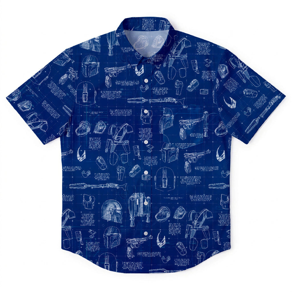 Mando Equipment Blueprint Hawaiian Shirt with Pocket - Galactic Schematic Button Down Shirt