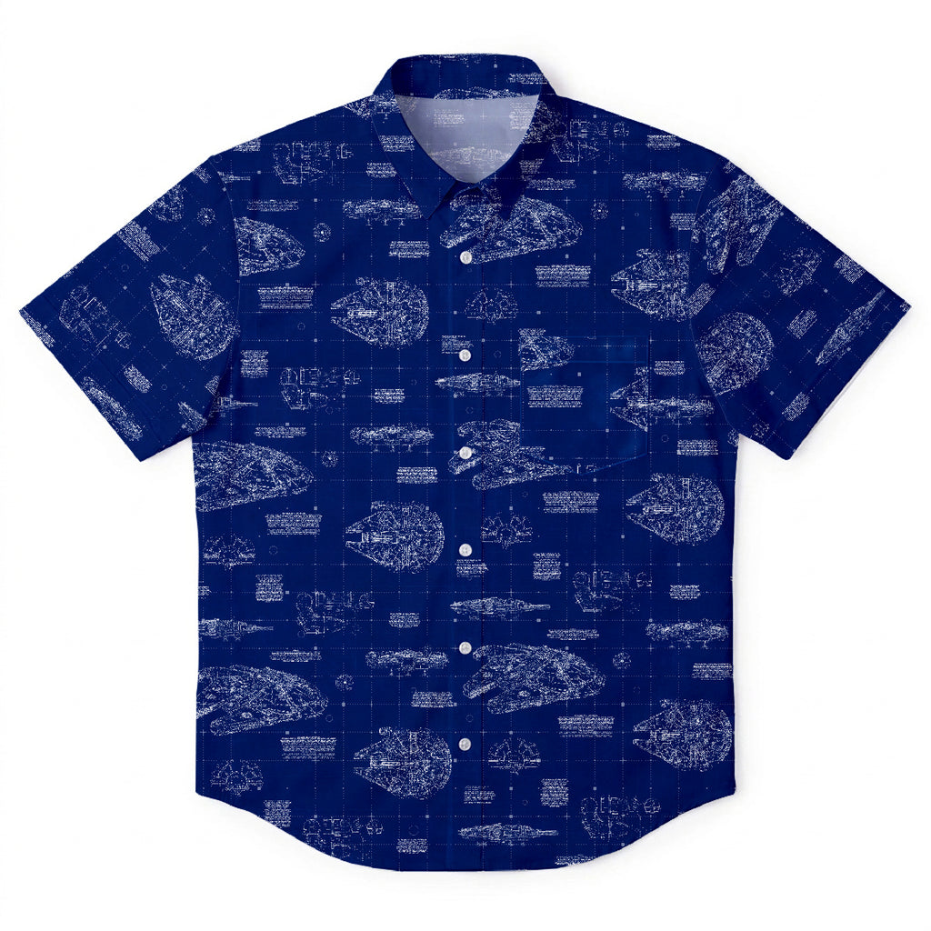 Millennium Falcon Blueprint Hawaiian Shirt with Pocket - Star Wars Schematic Button Down Shirt