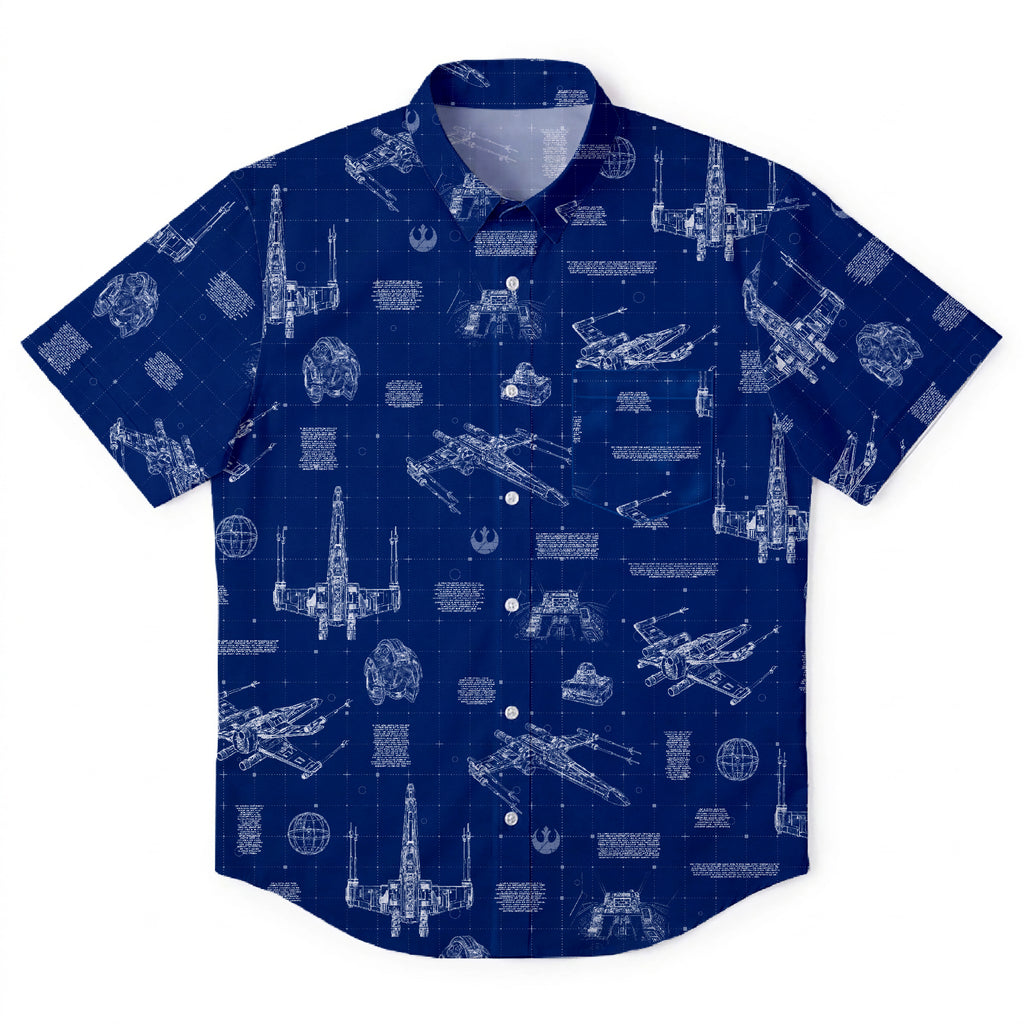 T-65B X-Wing Starfighter Blueprint Hawaiian Shirt with Pocket - Star Wars Schematic Button Down Shirt