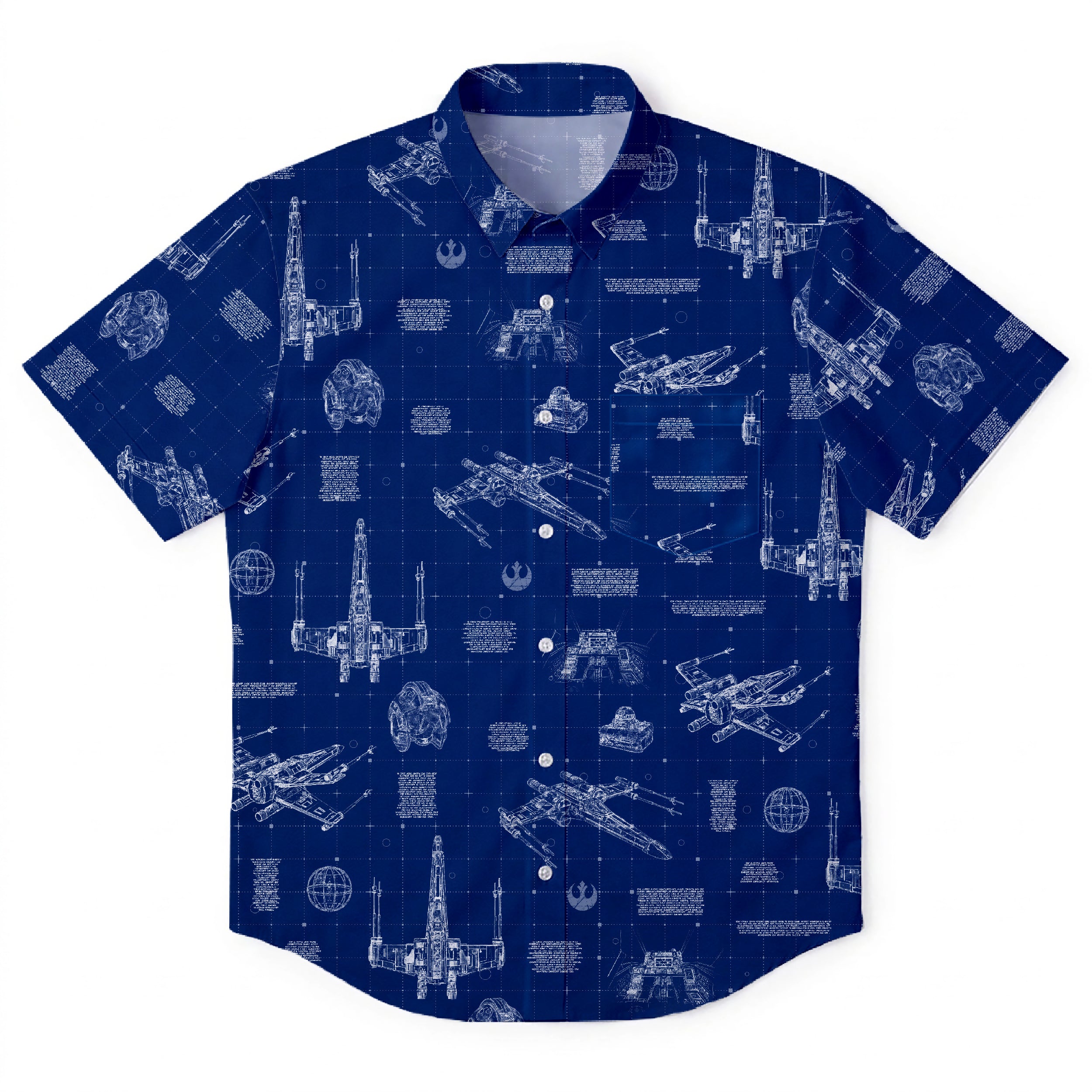 T-65B X-Wing Starfighter Blueprint Hawaiian Shirt with Pocket - Star Wars Schematic Button Down Shirt