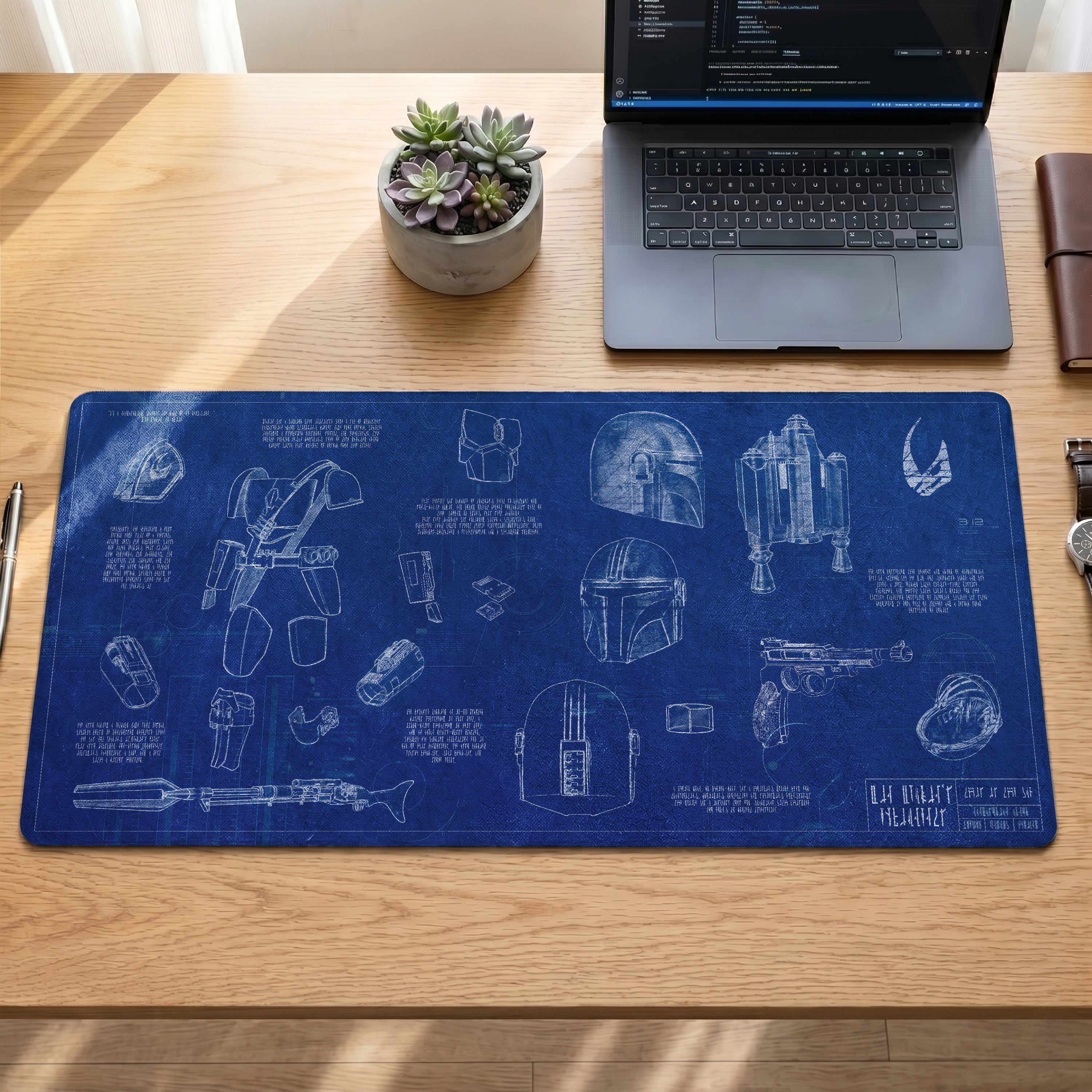 Mandalorian Equipment Blueprint Desk Mat - Star Wars Office Accessory Father's Day Gift