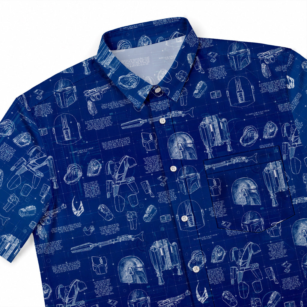 Mando Equipment Blueprint Hawaiian Shirt with Pocket - Galactic Schematic Button Down Shirt