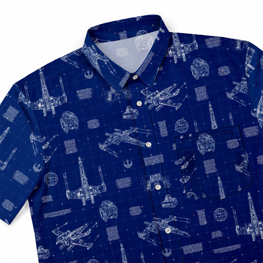 T-65B X-Wing Starfighter Blueprint Hawaiian Shirt with Pocket - Star Wars Schematic Button Down Shirt