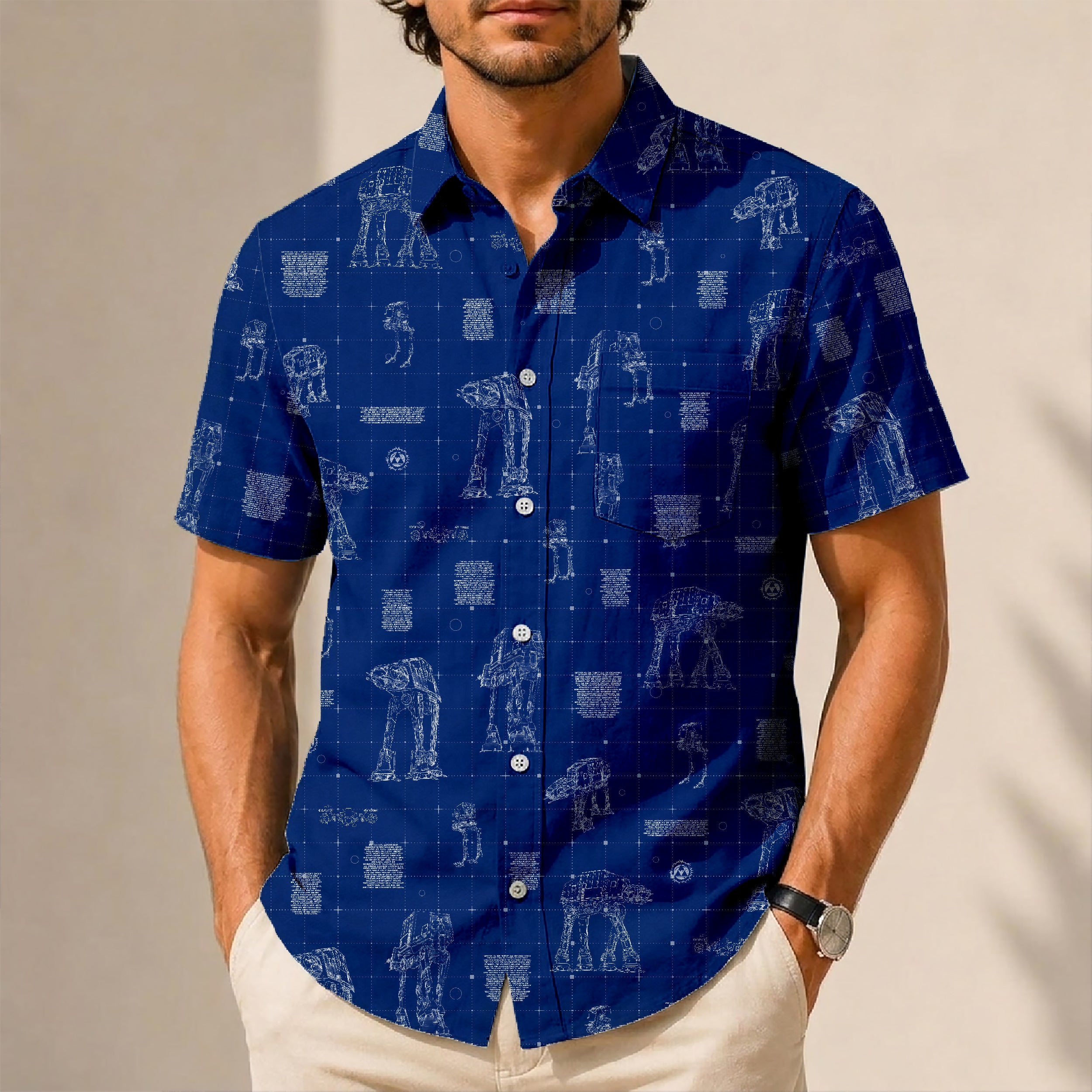 AT-AT Blueprint Hawaiian Shirt with Pocket - Star Wars Schematic Button Down Shirt