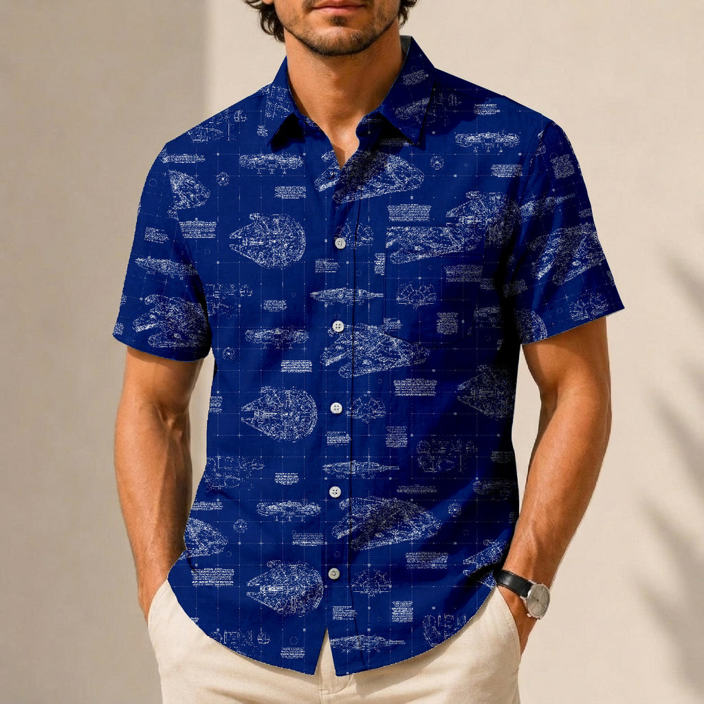 Millennium Falcon Blueprint Hawaiian Shirt with Pocket - Star Wars Schematic Button Down Shirt
