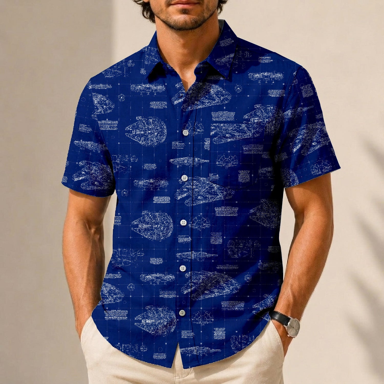 Millennium Falcon Blueprint Hawaiian Shirt with Pocket - Star Wars Schematic Button Down Shirt