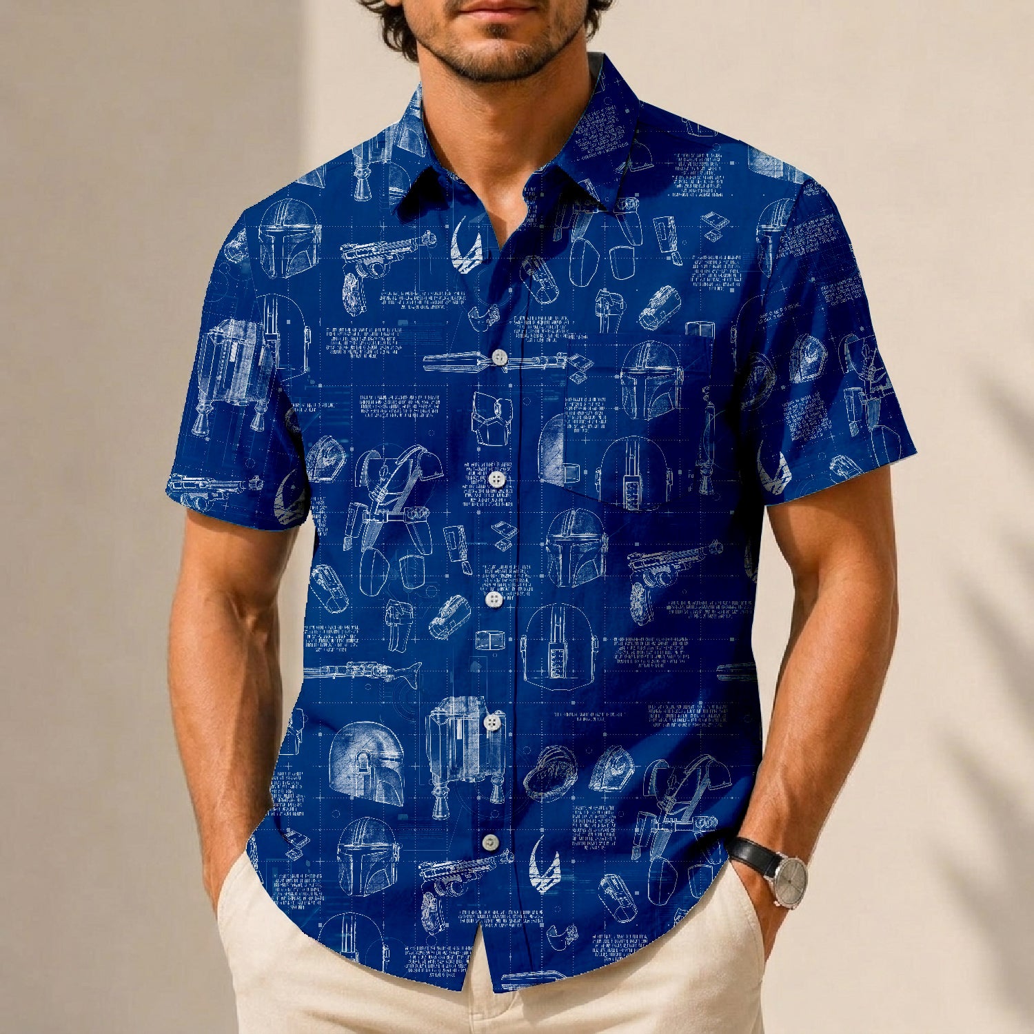 Mando Equipment Blueprint Hawaiian Shirt with Pocket - Galactic Schematic Button Down Shirt