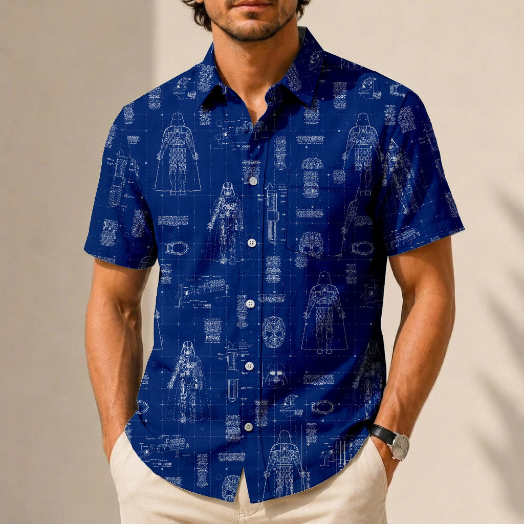 Darth Vader's Equipment Blueprint Hawaiian Shirt with Pocket - Galactic Schematic Button Down Shirt