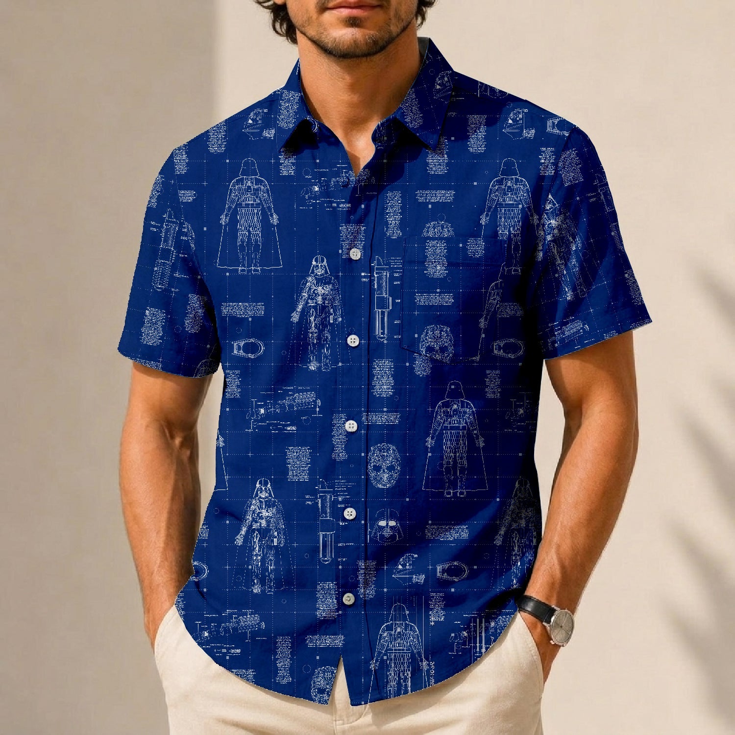 Darth Vader's Equipment Blueprint Hawaiian Shirt with Pocket - Galactic Schematic Button Down Shirt