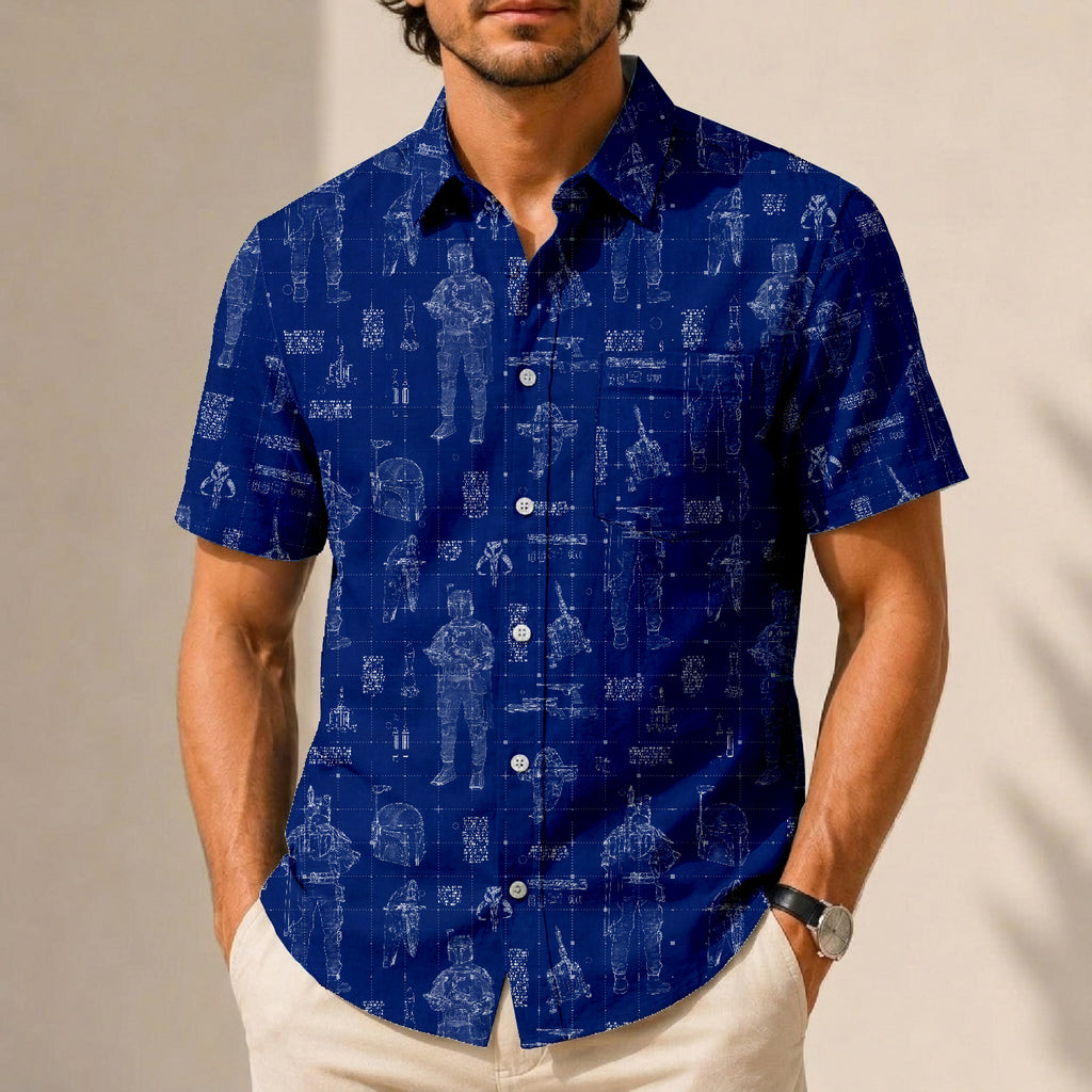 Boba Fett Equipment Blueprint Hawaiian Shirt with Pocket - Galactic Schematic Button Down Shirt
