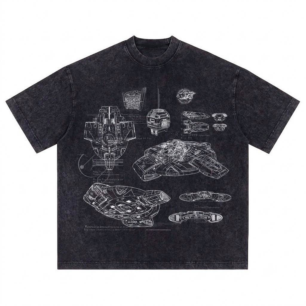 USS Defiant Schematic Wash Tee - Sci-fi Movies Vintage Wash T-shirt