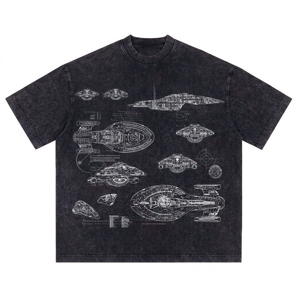 USS Voyager Schematic Wash Tee - Sci-fi Movies Vintage Wash T-shirt