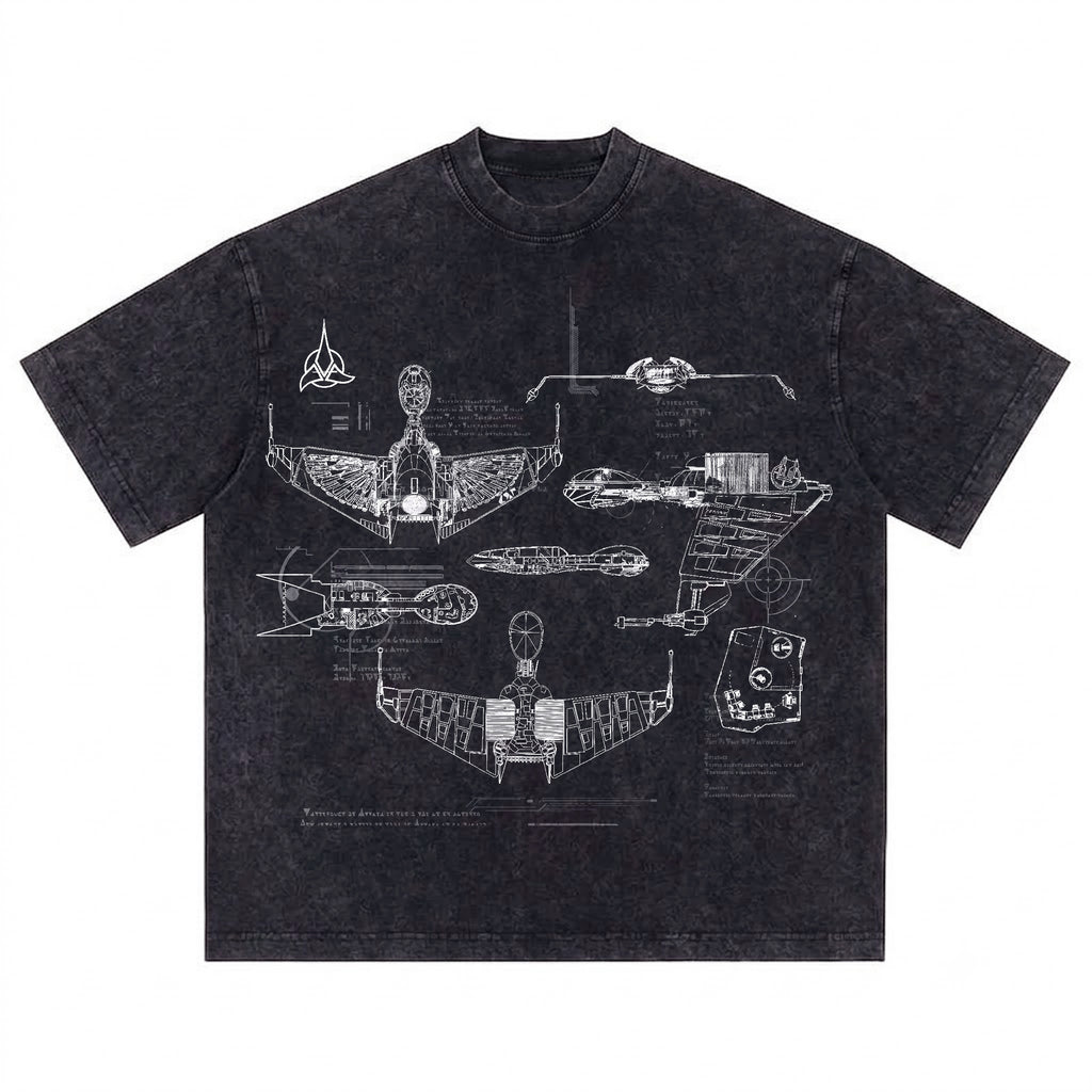 Klingon Starship Schematic Wash Tee - Sci-fi Movies Vintage Wash T-shirt