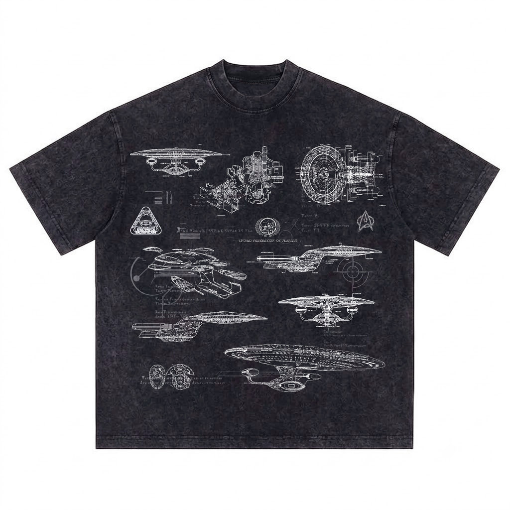 NCC-1701-D USS Enterprise Schematic Wash Tee - Sci-fi Movies Vintage Wash T-shirt