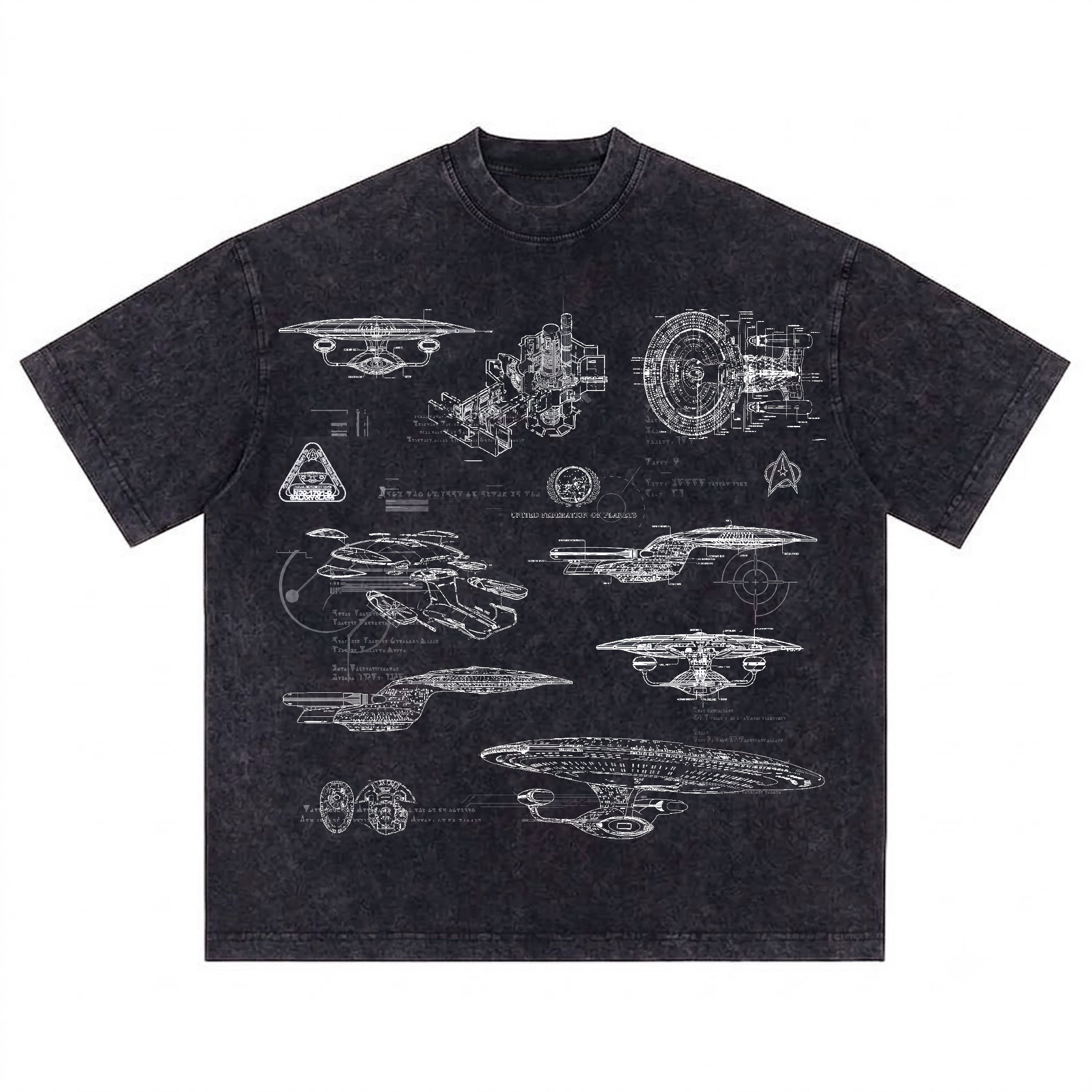 NCC-1701-D USS Enterprise Schematic Wash Tee - Sci-fi Movies Vintage Wash T-shirt