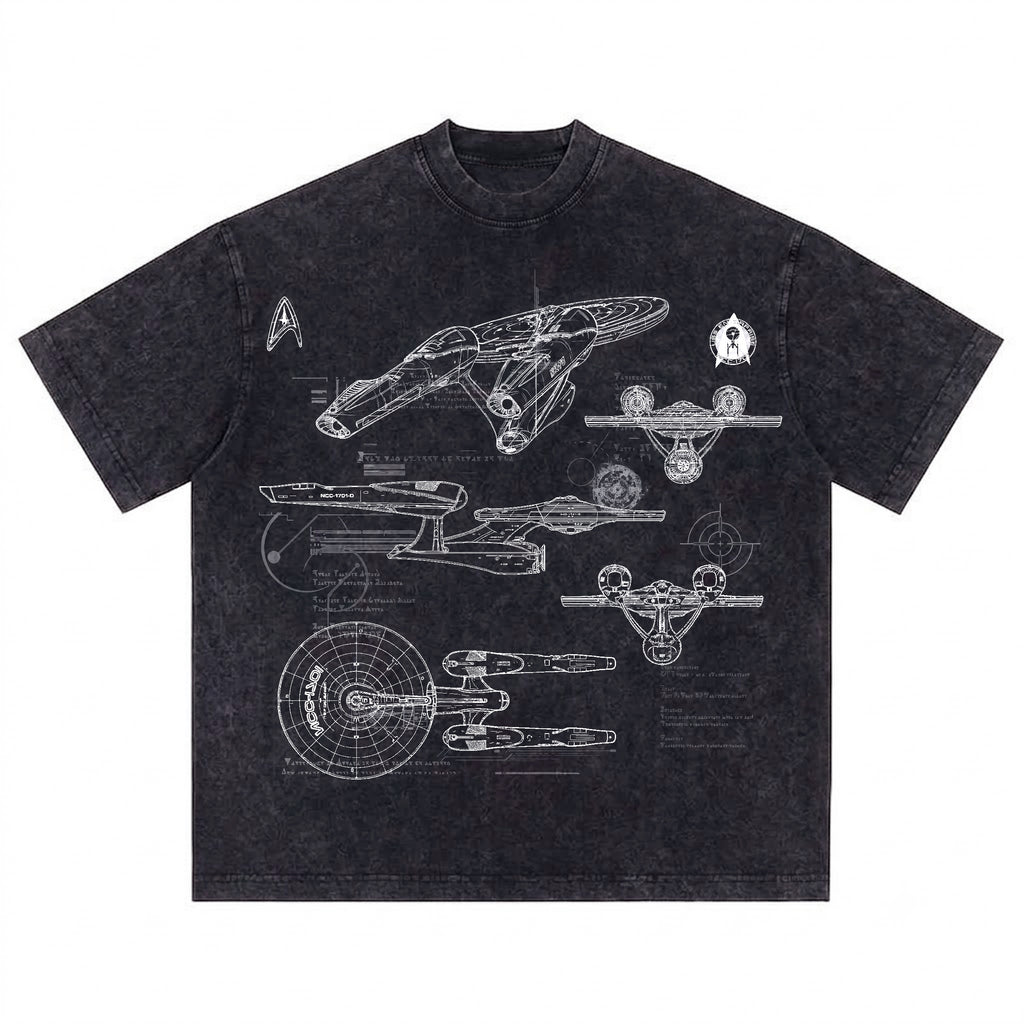 New USS Enterprise Schematic Wash Tee - Sci-fi Movies Vintage Wash T-shirt