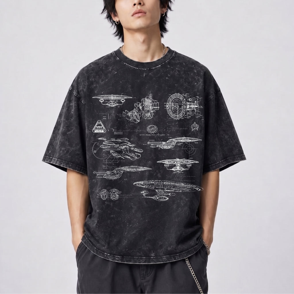 NCC-1701-D USS Enterprise Schematic Wash Tee - Sci-fi Movies Vintage Wash T-shirt