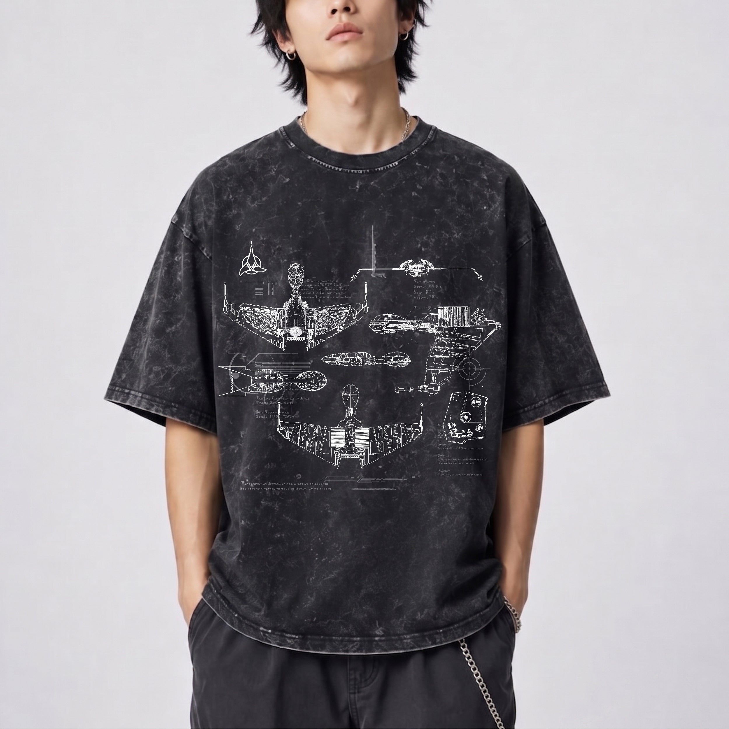 Klingon Starship Schematic Wash Tee - Sci-fi Movies Vintage Wash T-shirt