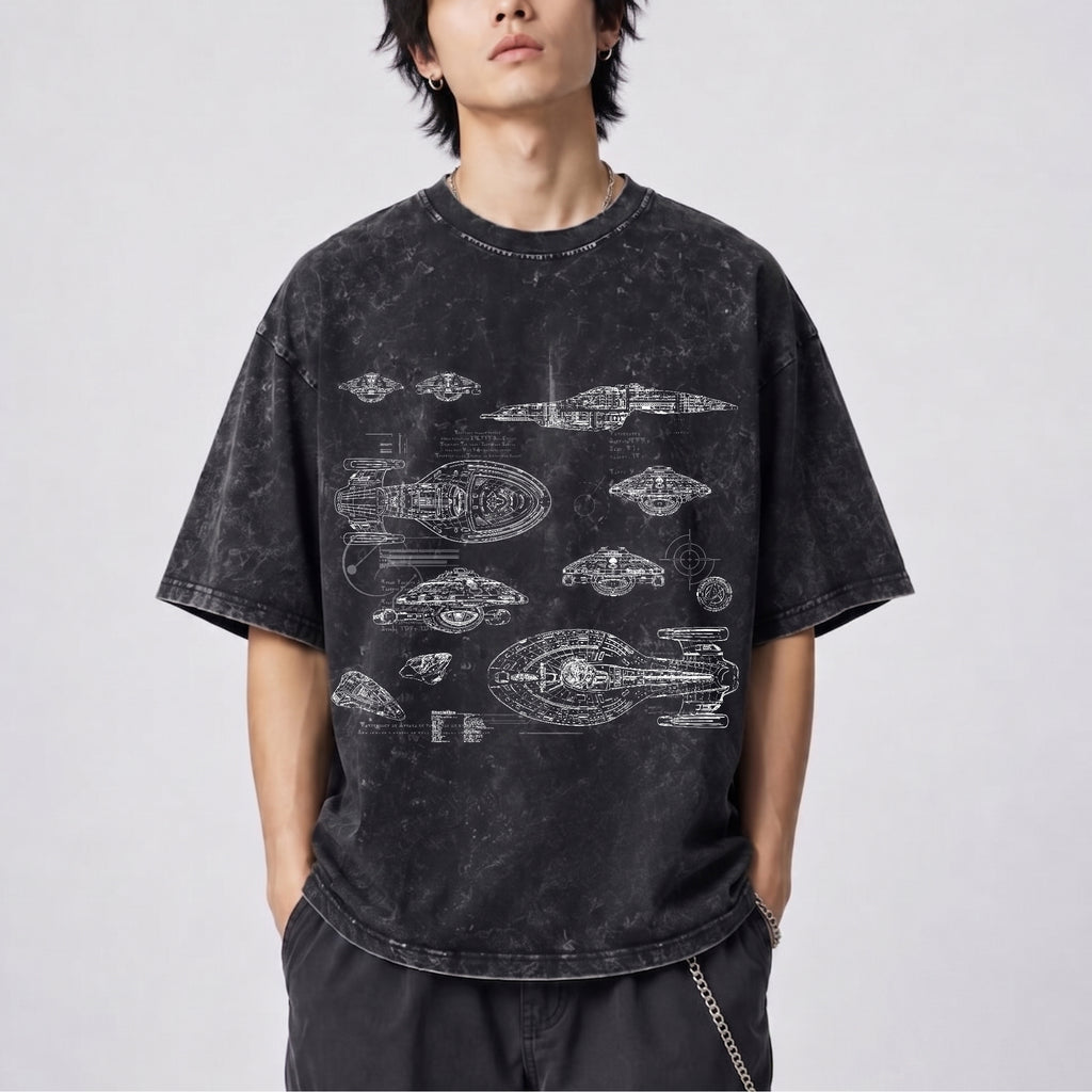 USS Voyager Schematic Wash Tee - Sci-fi Movies Vintage Wash T-shirt