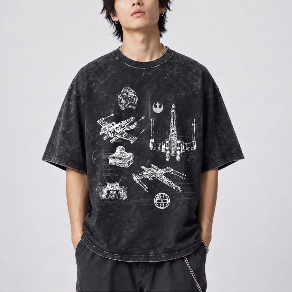 T-65B X-Wing Starfighter Schematic Wash Tee - Galactic Vintage Wash T-shirt