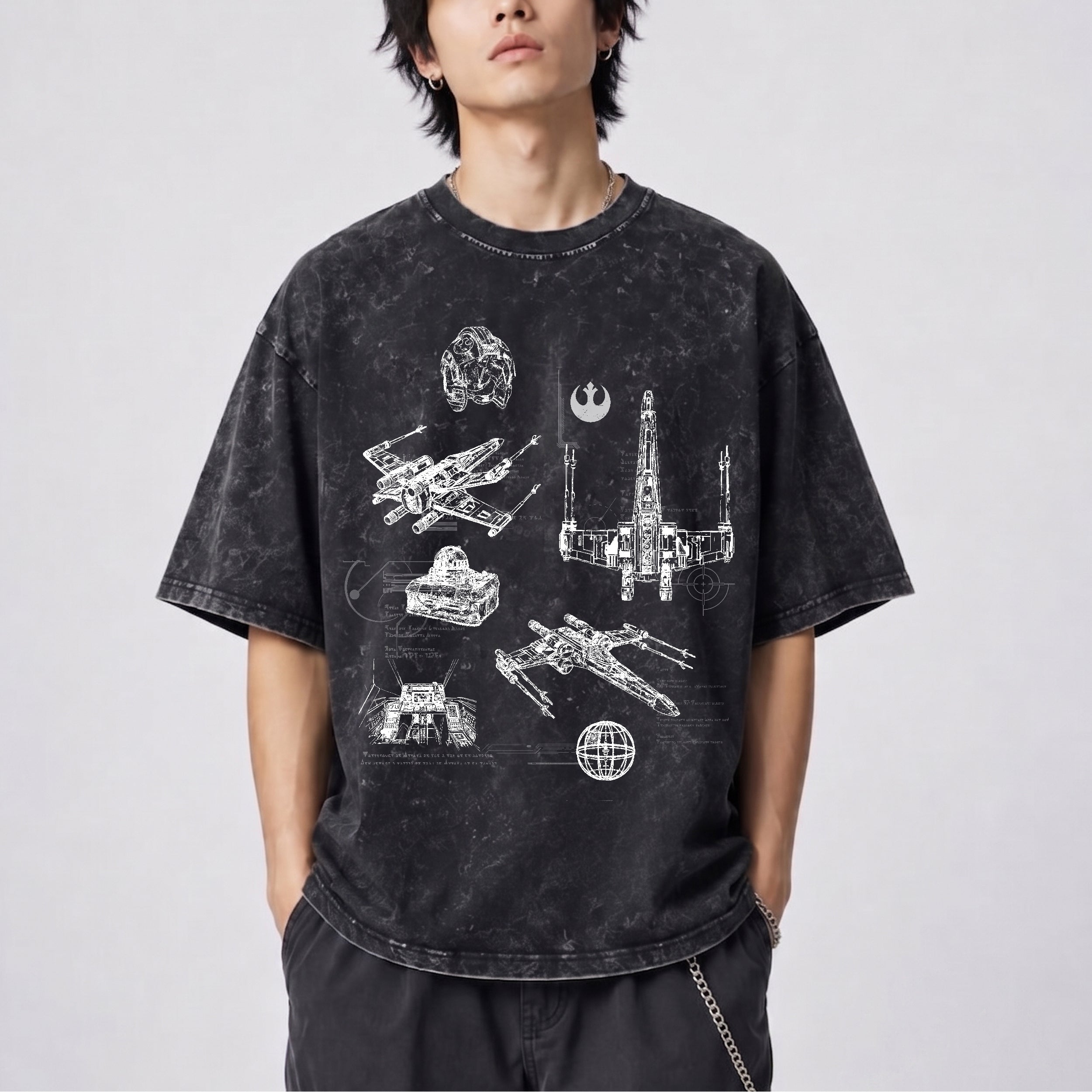 T-65B X-Wing Starfighter Schematic Wash Tee - Galactic Vintage Wash T-shirt