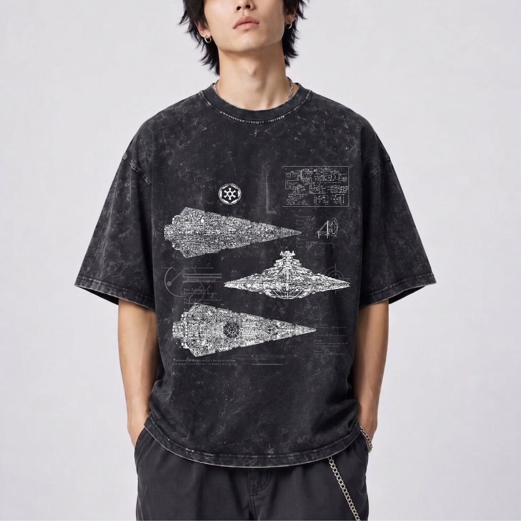 Imperial I-Class Star Destroyer Schematic Wash Tee - Galactic Vintage Wash T-shirt